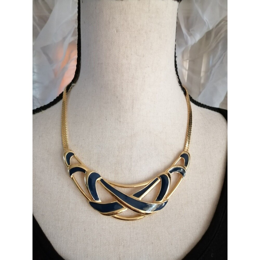 Vintage Trifari Gold Tone Navy Enamel Collar Statement necklace Modern Abstract